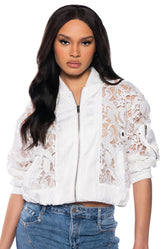 AND JUST LIKE THAT LACE BOMBER