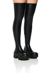 AZALEA WANG FAVORED STRETCH PU THIGH HIGH BOOT IN BLACK