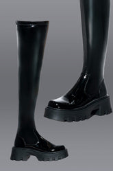 AZALEA WANG MILLY THIGH HIGH FLATFORM BOOT IN BLACK STRETCH