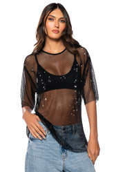 GOT PLANS TONIGHT RHINESTONE MESH T-SHIRT