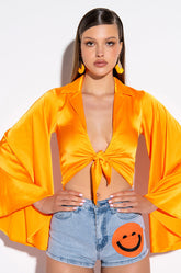 MARIPOSA TIE FRONT BUTTERFLY SLEEVE SATIN BODYSUIT