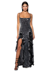 METALLIC DREAMS SEQUIN RUFFLE MAXI DRESS