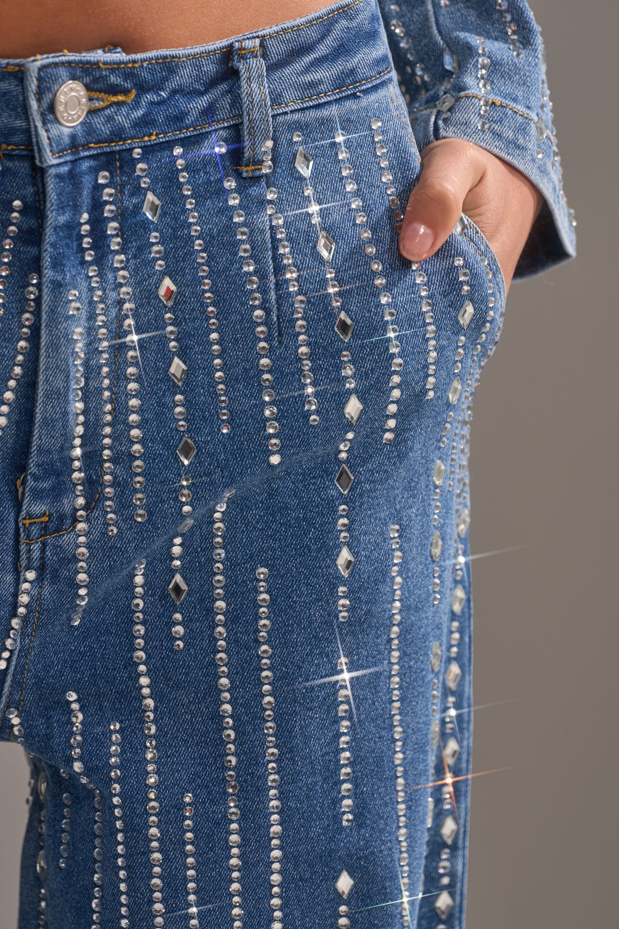 NEVER COME DOWN RHINESTONE DENIM