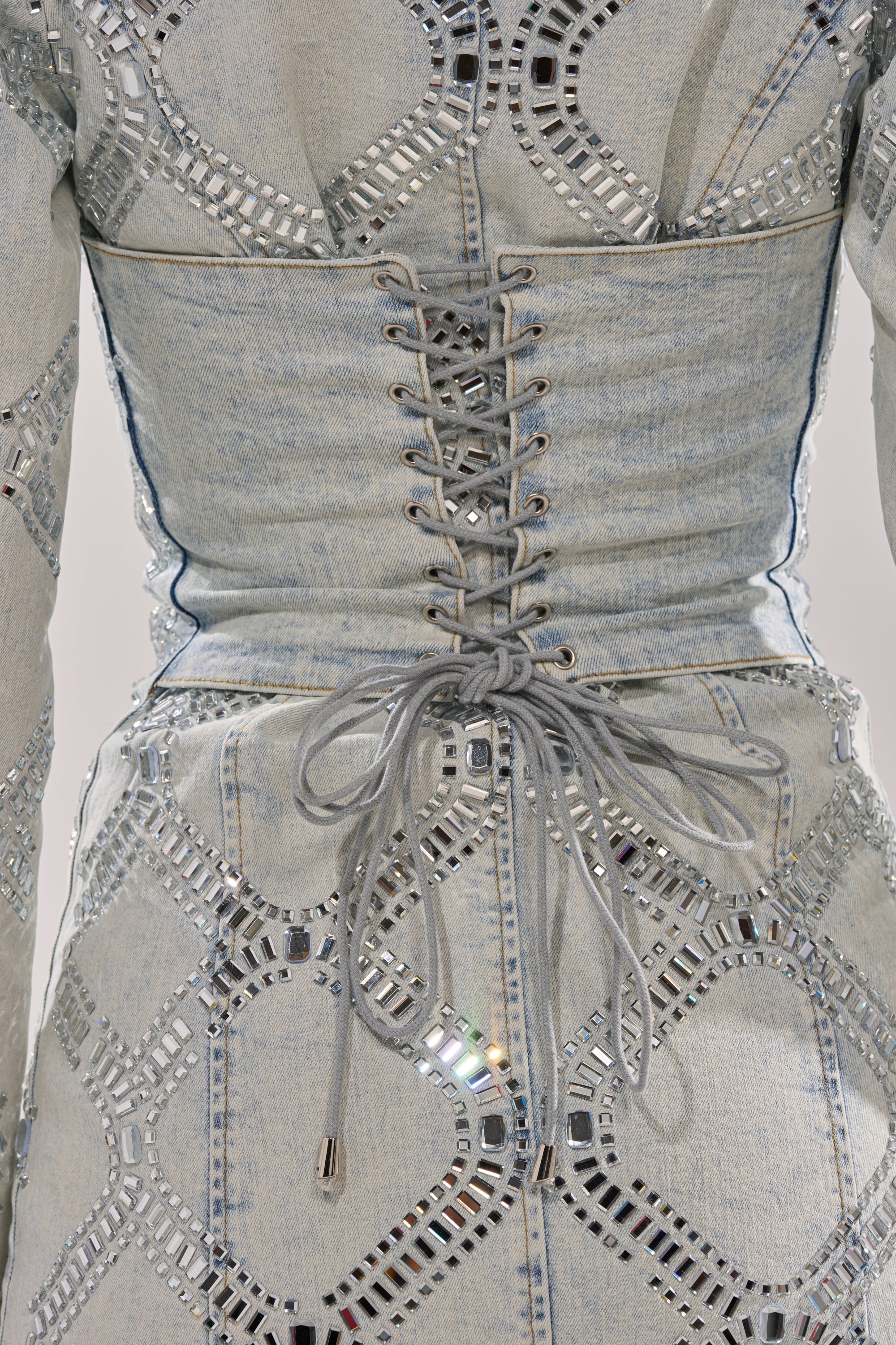 LOOK AT ME RHINESTONE BLAZER DRESS IN LIGHT BLUE DENIM