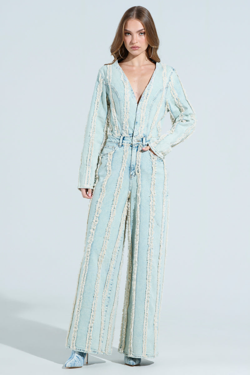 GET OUT OF MY WAY DENIM FUR JUMPSUIT