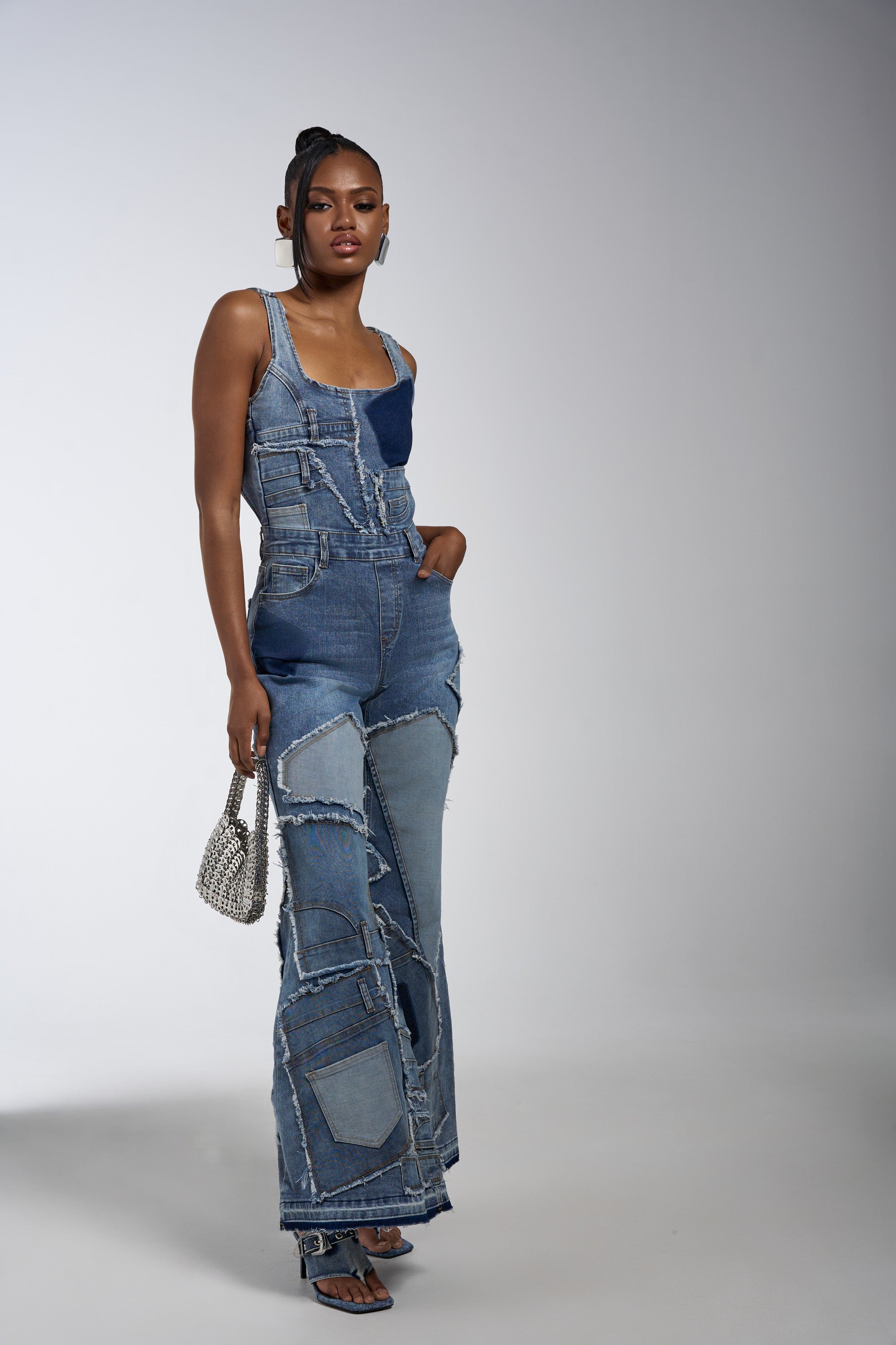 LIFE OF THE PARTY DENIM PATCHWORK JUMPSUIT