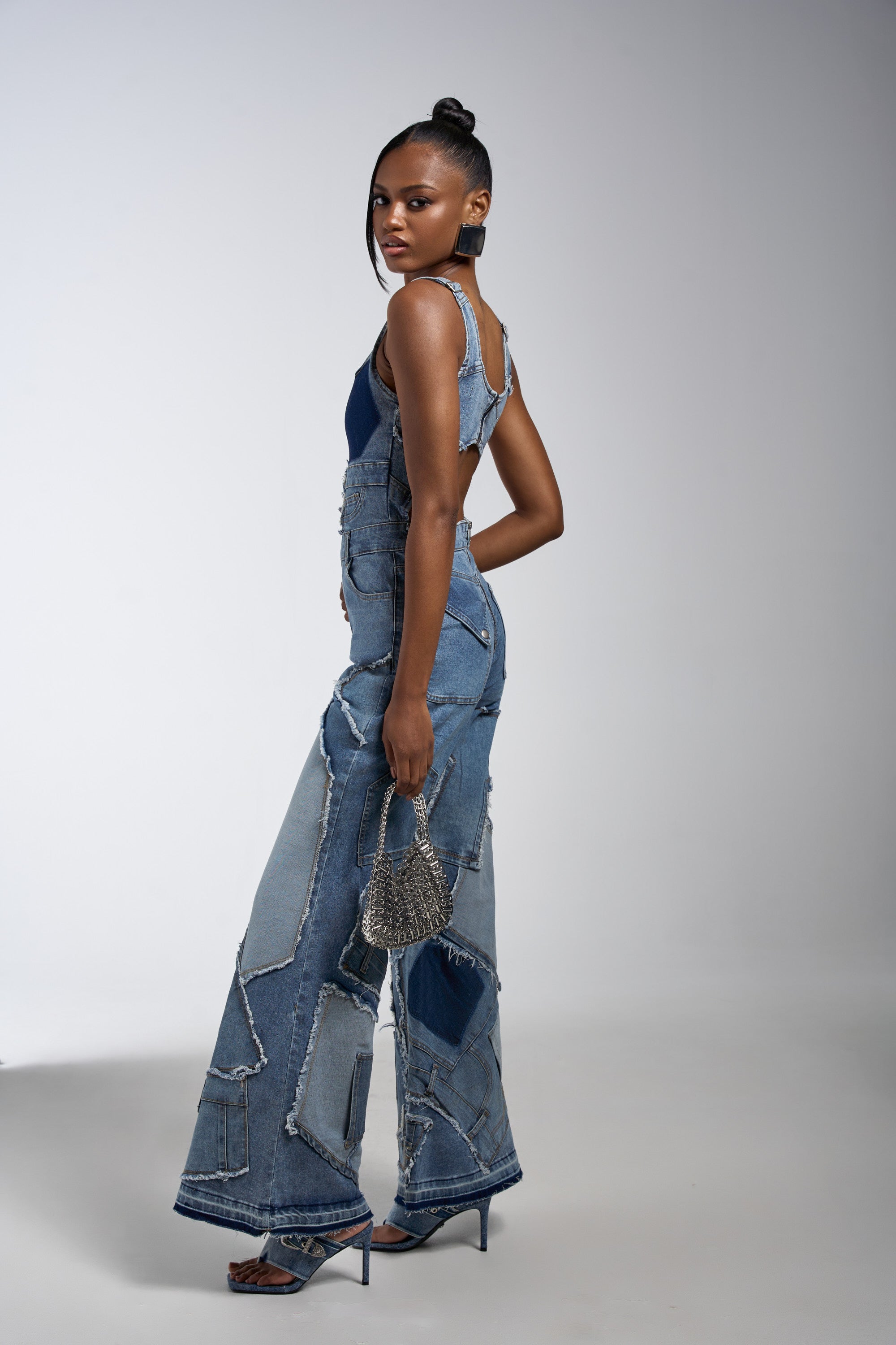 LIFE OF THE PARTY DENIM PATCHWORK JUMPSUIT