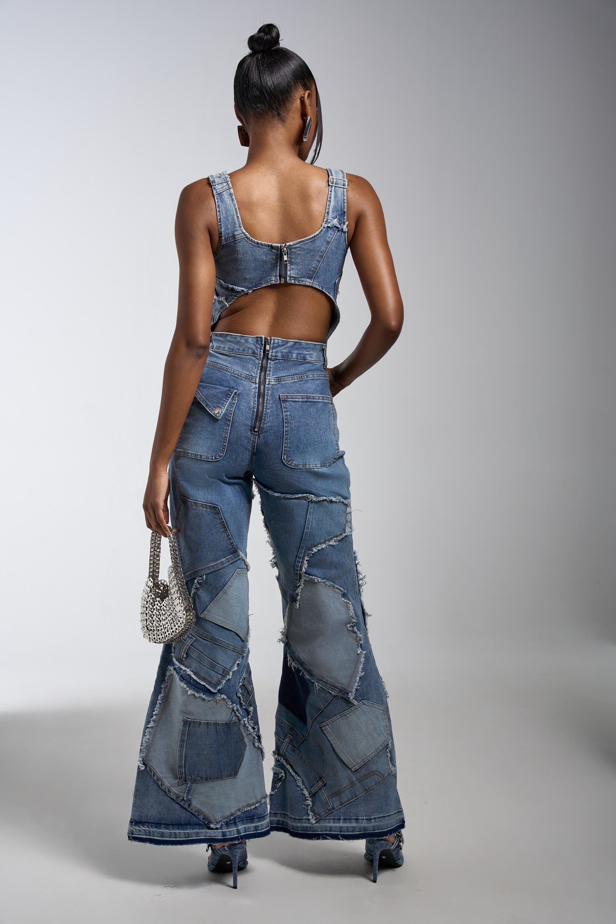 LIFE OF THE PARTY DENIM PATCHWORK JUMPSUIT