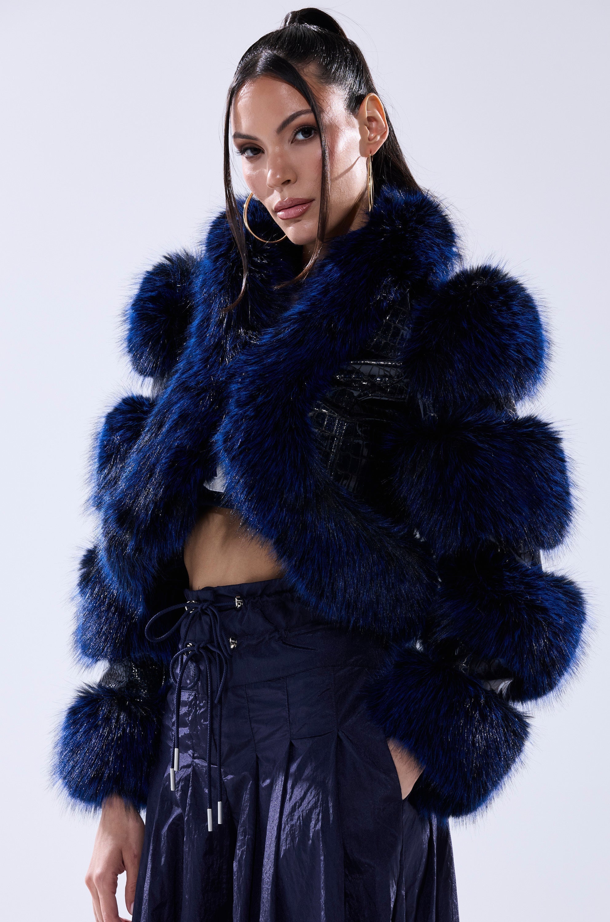 LOVERBOY FUR TRIM MOTO IN NAVY CROC