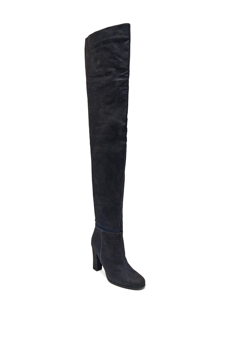 AZALEA WANG NANETTE BLACK DENIM SLOUCHY BLACK ROUND TOE CHUNKY BOOT