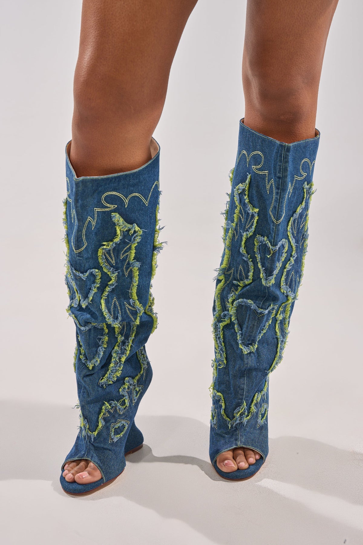 AZALEA WANG VIANCA GREEN MULTI DENIM WEDGE BOOT