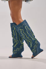 AZALEA WANG VIANCA GREEN MULTI DENIM WEDGE BOOT