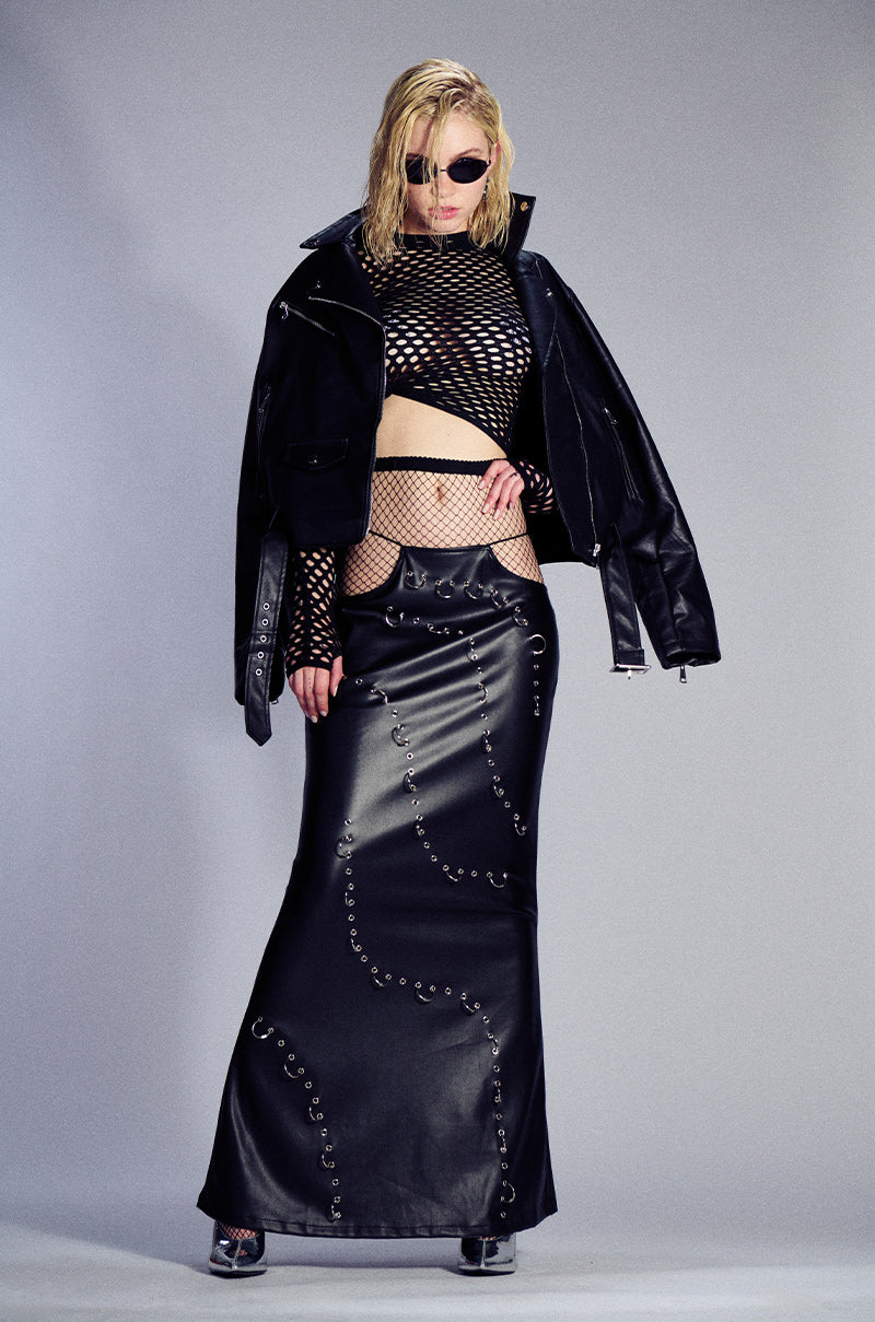 ASTIN PIERCED FAUX LEATHER MAXI SKIRT