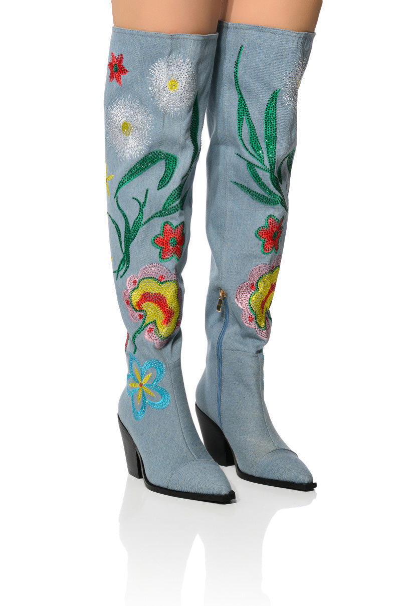 AZALEA WANG IZARA OVER THE KNEE BOOT IN DENIM