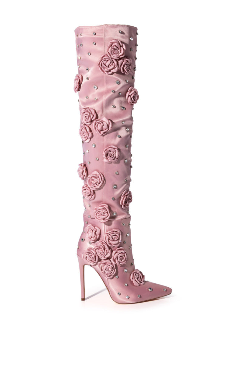 AZALEA WANG PATTIE EMBELLISHED SATIN BOOT IN PINK