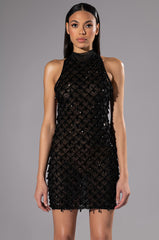 BEAUTIFUL MISTAKES MOCK NECK LOW BACK BEADED MINI DRESS