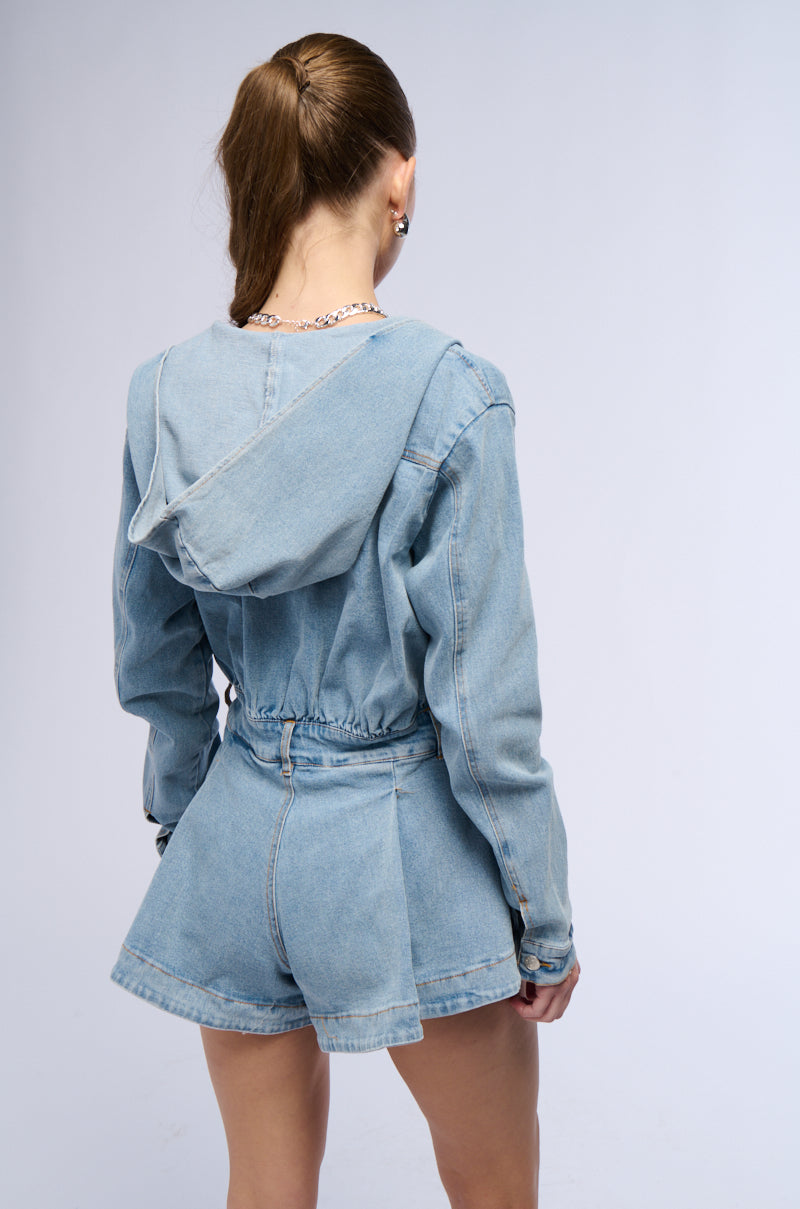 CHILL MORNING HOODED DENIM ROMPER