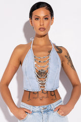 COVERED IN DIAMONDS DENIM PLUNGE CROP TOP