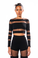 CUT TO THE CHASE MESH PANEL LONG SLEEVE CREW NECK TOP