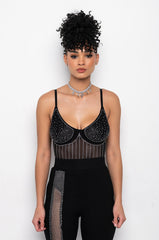 FASHIONABLY LATE RHINESTONE MESH BODYSUIT
