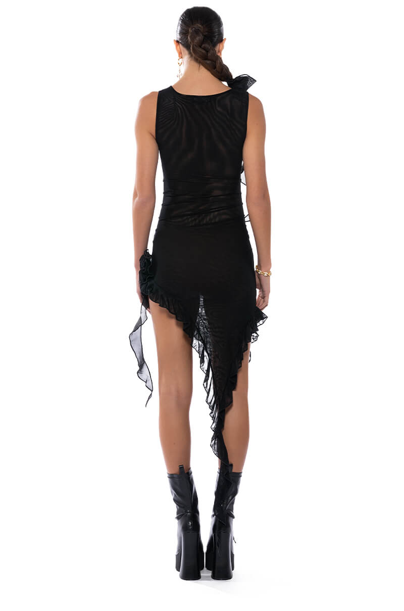 HAILEY SLEEVELESS ASYMMETRICAL RUFFLE MESH MIDI DRESS