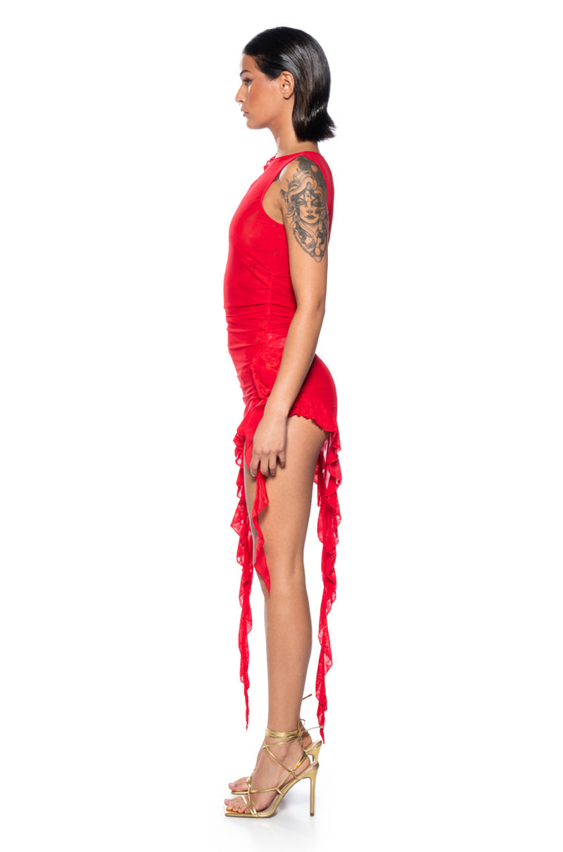 HAILEY SLEEVELESS ASYMMETRICAL RUFFLE MESH MIDI DRESS