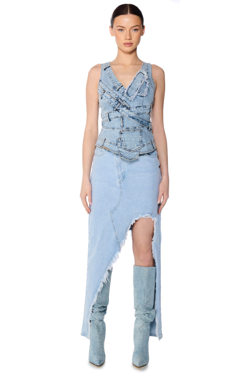JUST WANNA DANCE HIGH LOW DENIM SKIRT