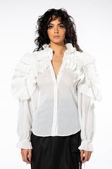 LADY LUCK LONG SLEEVE RUFFLE BUTTON DOWN BLOUSE