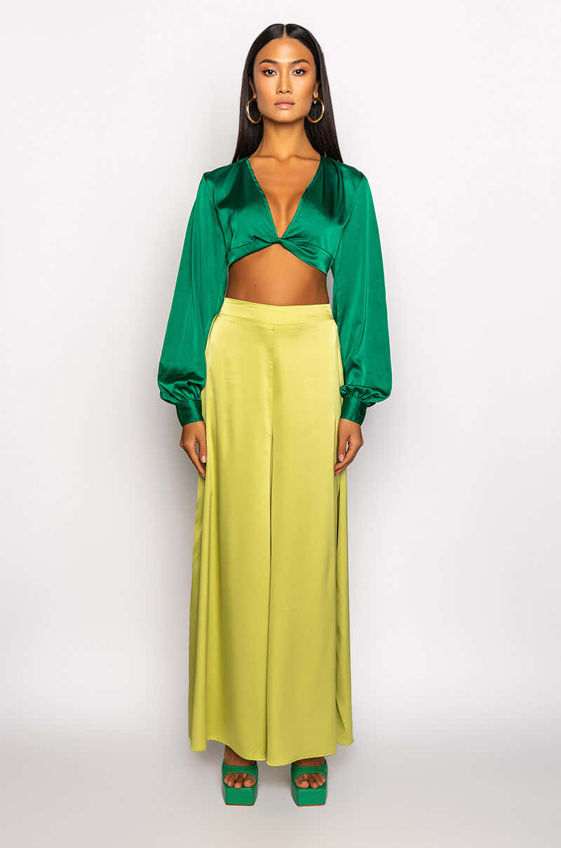 MONEY IS THE MOTIVE SATIN TWIST FRONT CROPPED BLOUSE