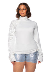 NADIA PLUS ORGANZA LONG SLEEVE SCALE TOP IN WHITE