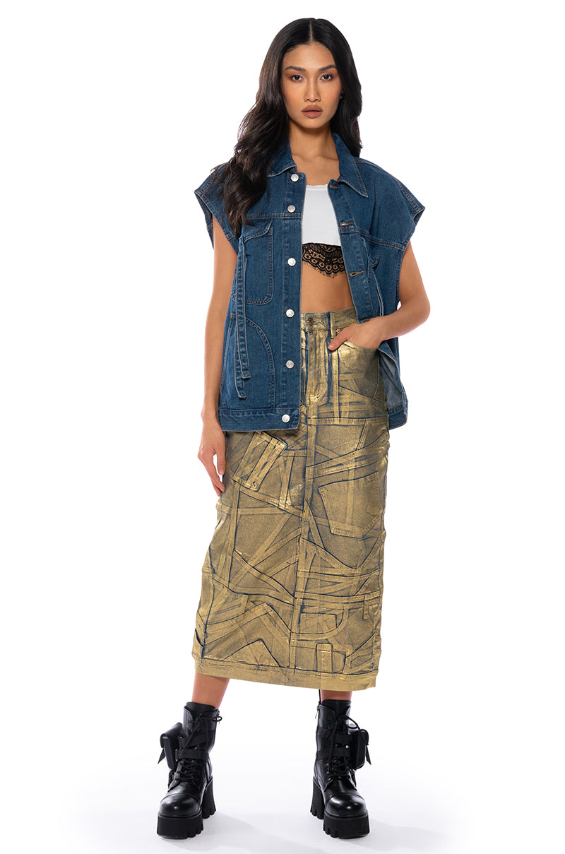 GIGI METALLIC PATCHWORK DENIM SKIRT